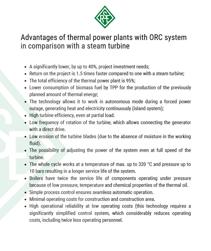 Advantages of thermal power plants with ORC system in comparison with a steam turbine